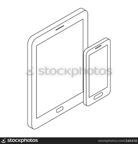 Modern gadgets icon in isometric 3d style isolated on white background. Concept of two electronic devices. Tablet and smartphone icon. Gadgets icon, isometric 3d style