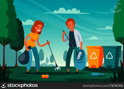 Modern garbage collection waste sorting flat composition with volunteers picking up litter junk left outdoor vector illustration