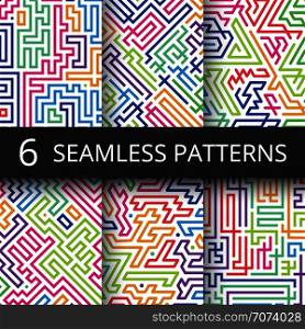 Modern geometric seamless vector patterns with color line shapes. Retro technology abstract repeating backgrounds collection. Geometric maze colored pattern collection illustration. Modern geometric seamless vector patterns with color line shapes. Retro technology abstract repeating backgrounds collection