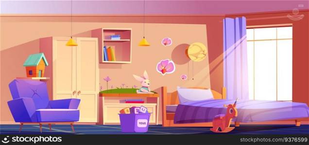 Modern girl teen bedroom interior cartoon vector. Kid bed and furniture in house with window background illustration design. Female teenager home scene with wardrobe, shelf and girly accessories. Modern girl teen bedroom interior cartoon vector
