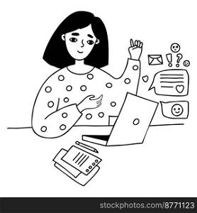 modern girl with laptop works, conducts correspondence and online messages. Vector illustration. Linear hand drawing doodle