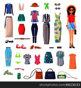 Modern girl with outfits set. Light dress, ripped jeans, chick costumes, bright swimsuits, convenient bags and stylish T-shirts vector illustrations.. Modern Young girl with Big Summer Outfits Set