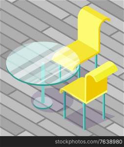 Modern glass round table and two yellow chairs with blue legs standing on the veranda. Beautiful pieces of furniture. Outdoor dining set 3d isometric vector illustration. Glass Round Table and Two Yellow Chairs Vector