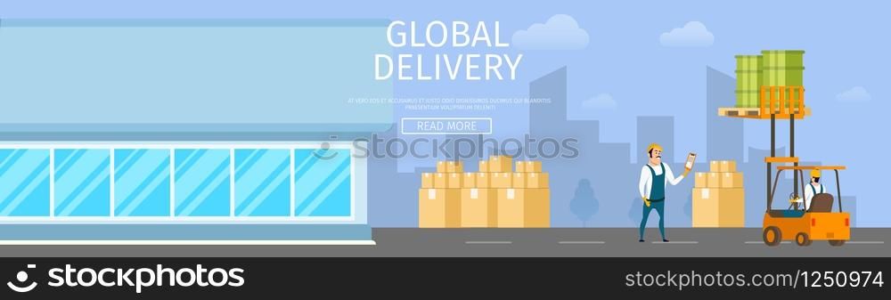 Modern Glass Storage. Freight Loading Process. Picture of Warehouse. Engineer Loading Green Tank by Driving Forklift Car. Global Delivery, Shipping Service. Flat Cartoon Vector Illustration. Modern Glass Storage. Freight Loading Process