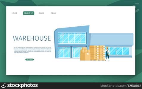 Modern Glass Working Warehouse Building Design. Pile of Cardboard Box with Barcode Standing on Wooden Pallet. Factory Worker near. Picture of Futuristic Storage. Flat Cartoon Vector Illustration. Modern Glass Working Warehouse Building Design