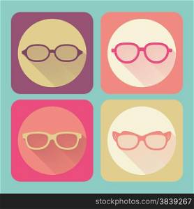 Modern glasses. Flat icons vector collection with long shadow effect in stylish colors of web design objects, business, office and marketing items.