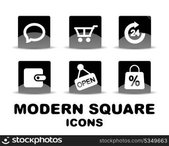 Modern glossy black square icon set. Vector