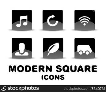 Modern glossy black square icon set. Vector