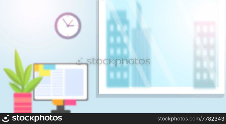 Modern graphic bright room with working place near big window overlooking cityscape with tall buildings. Stylish comfortable furniture with monitor, green plant in pot. Living room or office workplace. Modern graphic room with working place near window. Stylish comfortable furniture with monitor