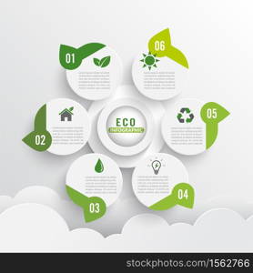 Modern green ecology design layout infographics 6 options. Template for brochure, business, web design.