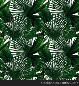 Modern green tropical leaves seamless design on the white background. Vector pattern illustration botanical wallpaper.