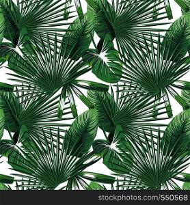Modern green tropical leaves seamless design on the white background. Vector pattern illustration botanical wallpaper