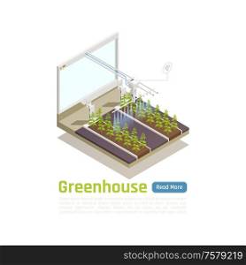 Modern greenhouse automated watering system isometric composition with remote wifi controlled smart planten beds irrigation vector illustration