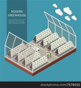 Modern greenhouse complex isometric concept with hydroponics and aeroponics symbols vector illustration