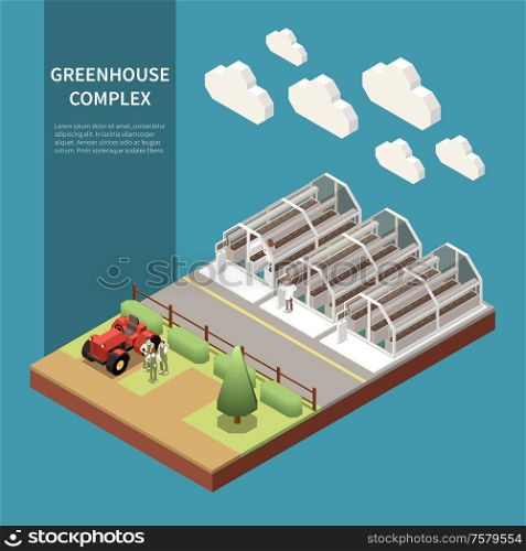 Modern greenhouse complex isometric concept with new technology symbols isolated vector illustration