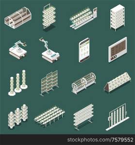 Modern greenhouse complex isometric icons set isolated vector illustration