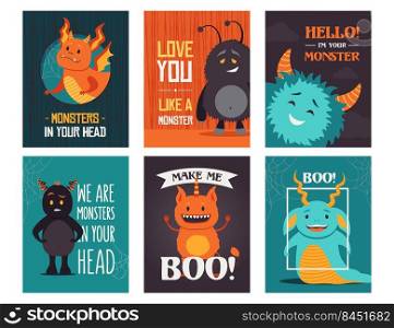Modern greeting card designs with monsters. Creative boo postcards with text and funny creatures. Halloween and holiday concept. Template for promotional postcard or brochure