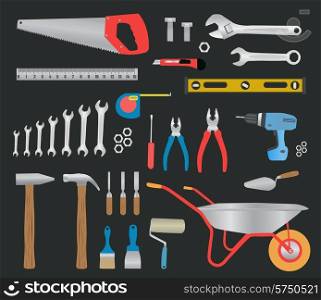 Modern hand tools. instruments collection for metalwork, woodwork, mechanical and measuring works.