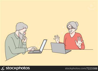 Modern happy lifestyle of pensioners concept. Smiling cheerful elderly mature couple man and woman sitting near laptops and using internet vector illustration . Modern happy lifestyle of pensioners concept