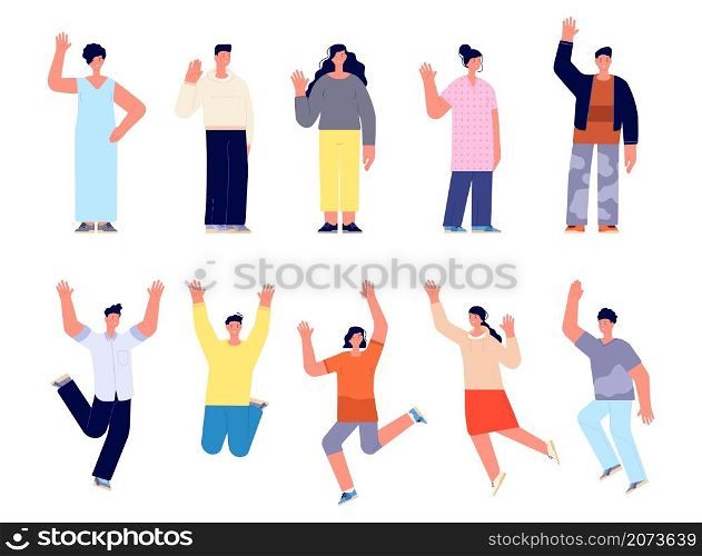 Modern happy people characters. Cartoon female, young happy woman man greetings. Isolated smiling business adult, jump person utter vector set. Young guy funny, friend dance, people different. Modern happy people characters. Cartoon female, young happy woman man greetings. Isolated smiling business adult, jump person utter vector set