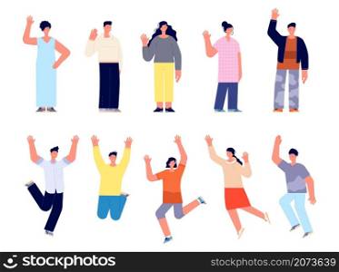 Modern happy people characters. Cartoon female, young happy woman man greetings. Isolated smiling business adult, jump person utter vector set. Young guy funny, friend dance, people different. Modern happy people characters. Cartoon female, young happy woman man greetings. Isolated smiling business adult, jump person utter vector set