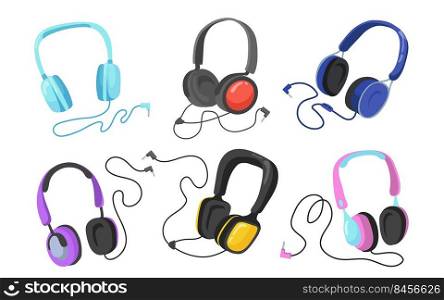 Modern headphones flat illustration set. Cartoon headsets and earphones for listening to music isolated vector illustration collection. Entertainment and accessory concept