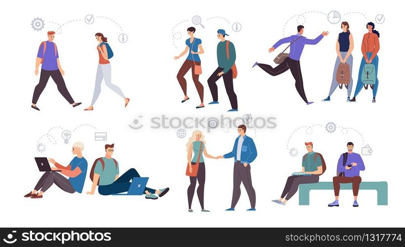 Modern High School, College Students Female, Male Characters, Walking with Backpacks, Meeting with Friends, Chatting or Working Online Trendy Flat Vector Illustrations Set Isolated on White Background