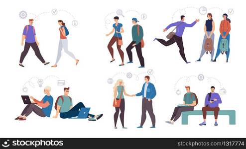 Modern High School, College Students Female, Male Characters, Walking with Backpacks, Meeting with Friends, Chatting or Working Online Trendy Flat Vector Illustrations Set Isolated on White Background