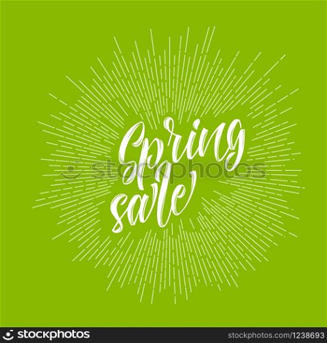 Modern hipster spring sale lettering with sunrays on fresh green background. Modern hipster spring sale lettering