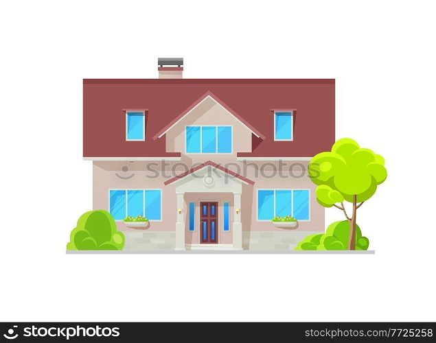 Modern home building exterior framed by natural stone wall trim, architecture. Suburban house or residential vector building facade of mansion or cottage villa, family townhouse or bungalow lodge. Modern home building exterior, natural stone trim