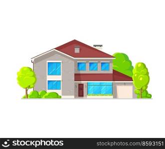 Modern home building exterior. Modern house building, flat vector neighborhood two-storey villa exterior. Suburban real estate property dwelling with garage, pitched roof and large windows. Modern two-storey home building vector exterior