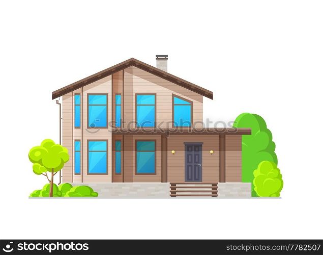 Modern home exterior with covered porch and wood plank facade, vector house building or flat home. Village or country neighborhood house or cottage, townhouse loft apartments with terrace. Home exterior, covered porch and wood plank facade