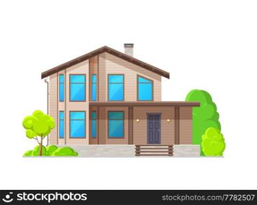 Modern home exterior with covered porch and wood plank facade, vector house building or flat home. Village or country neighborhood house or cottage, townhouse loft apartments with terrace. Home exterior, covered porch and wood plank facade