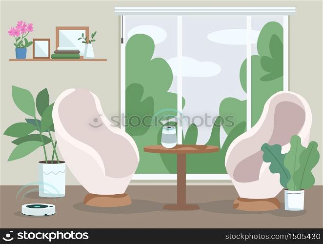 Modern home flat color vector illustration. Contemporary apartment room with smart speaker and automated vacuum cleaner. Empty living room 2D cartoon interior with IOT devices on background