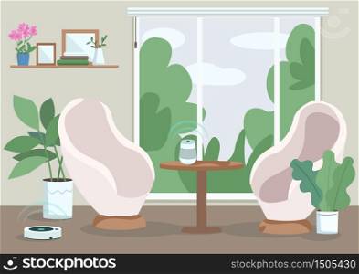 Modern home flat color vector illustration. Contemporary apartment room with smart speaker and automated vacuum cleaner. Empty living room 2D cartoon interior with IOT devices on background