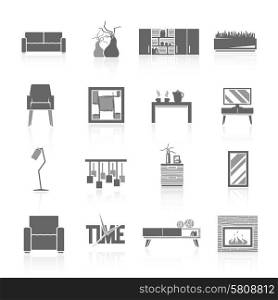 Modern home living room furniture black icons set isolated vector illustration. Living Room Icons Set