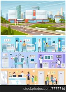 Modern hospital building, healthcare system with all departments. Doctors and patients in hospital building. Workflow inside urban medical facility. Surgery, diagnostics and treatment in clinic. Workflow in medical facility. Doctors and patients inside hospital building. Modern urban clinic