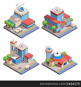 Modern hospital buildings with helicopter pads and emergency transport isometric icons set on white background isolated vector illustration. Hospital Isometric Icons Set