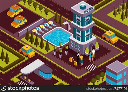 Modern hotel building exterior isometric composition with outdoor facilities parking lot arriving guests porter service vector illustration