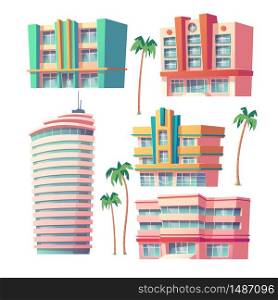 Modern hotel or office buildings isolated on white background. Vector cartoon set of commercial or business buildings exteriors. Tropical hotels for tourist resort and palm trees. Vector modern hotels and office buildings