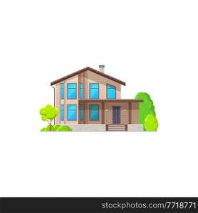 Modern house, contemporary building country style architecture isolated flat cartoon icon. Vector facade exterior of chalet building private house, villa with windows and decorative tree, luxury patio. House exterior with chimney pipe, home villa icon