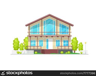 Modern house exterior with siding walls. Contemporary townhouse building, flat vector modern home exterior. Suburban real estate property two-storey villa with big windows, porch and trees on yard. Modern two-storey house exterior with siding walls