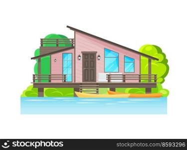 Modern house exterior with terrace and parked boats. Lake or river wooden cottage on piles vector residential home building or bungalow. Cartoon mansion facade architecture, villa with canoe. Modern house exterior with terrace and parked boat