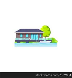 Modern house on water isolated icon. Vector beach house building, villa or cottage. Real estate seashore and bungalow. Home on seaside of tropical island, ocean, lake or river coast, trees and yacht. House, villa or cottage on beach isolated icon