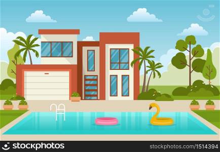 Modern House Villa Exterior with Swimming Pool at Backyard Illustration