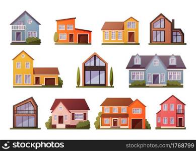 Modern houses. Cartoon townhouse architecture. Isolated residential buildings facades set. Front view of village cottages exterior contemporary design with garages and porches. Vector cityscape kit. Modern houses. Cartoon townhouse architecture. Residential buildings facades set. Front view of cottages exterior contemporary design with garages and porches. Vector cityscape kit