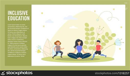 Modern Inclusive Education Program with Outdoor Teaching Trendy Flat Vector Poster, Brochure, Presentation Slide Template. Female Pedagog Having Lesson with Disabled Children on Fresh Air Illustration