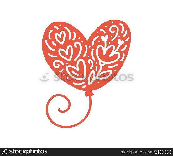 Modern inflatable heart shaped balloon with flowers and hearts in hygge style. Scandinavian flourish vector element for valentine day, romantic love greeting card, wedding holiday.. Modern inflatable heart shaped balloon with flowers and hearts in hygge style. Scandinavian flourish vector element for valentine day, romantic love greeting card, wedding holiday