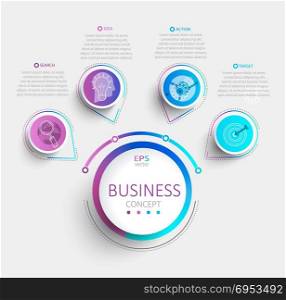 Modern infographic with business timeline data visualization.Diagram with 4 steps,options,parts and processes.Template for presentation,workflow layout,banner,web design.Vector illustration.. Modern infographic with 4 steps.