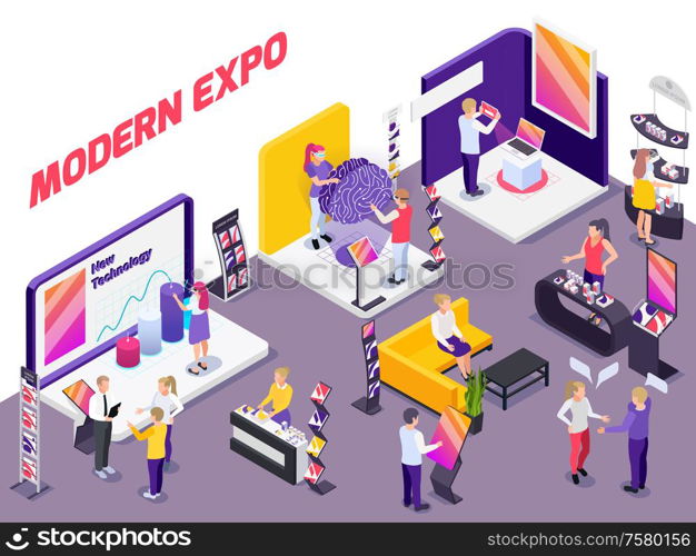 Modern innovative technology products exhibition show promotion stands with visitors assistants potential buyers isometric composition vector illustration